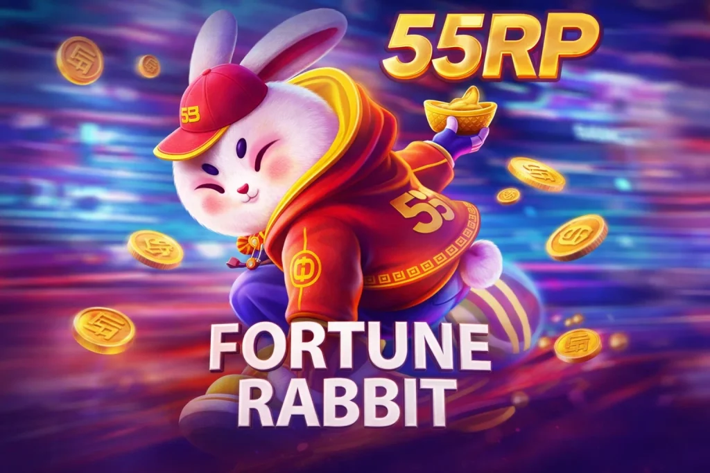 Tampilan FORTUNE RABBIT di 55RP dengan nuansa Imlek merah emas dan animasi kelinci yang ceria di versi mobile