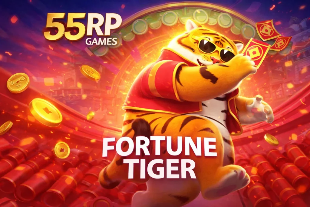 Tampilan FORTUNE TIGER di 55RP dengan nuansa emas dan desain harimau yang cerah di perangkat mobile