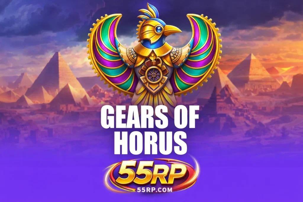 Tampilan visual GEARS OF HORUS di 55RP dengan tema Mesir kuno dan roda mekanik emas yang detail serta atmosfer elegan