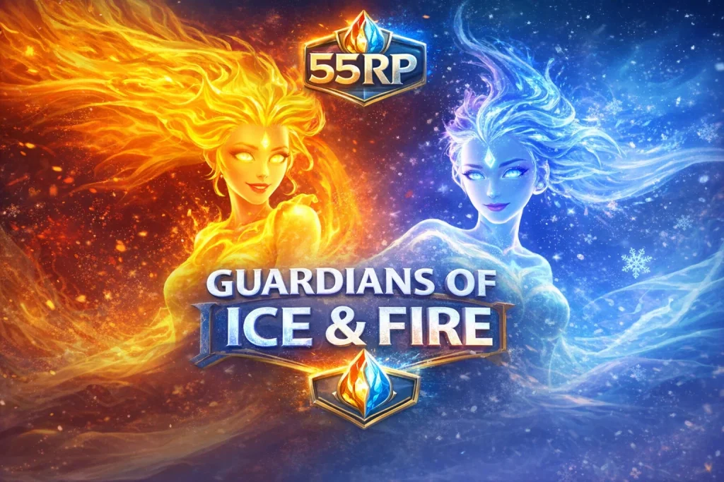 Tampilan dunia es dan api dalam GUARDIANS OF ICE & FIRE di 55RP dengan karakter penjaga elemen yang kontras dan visual dramatis