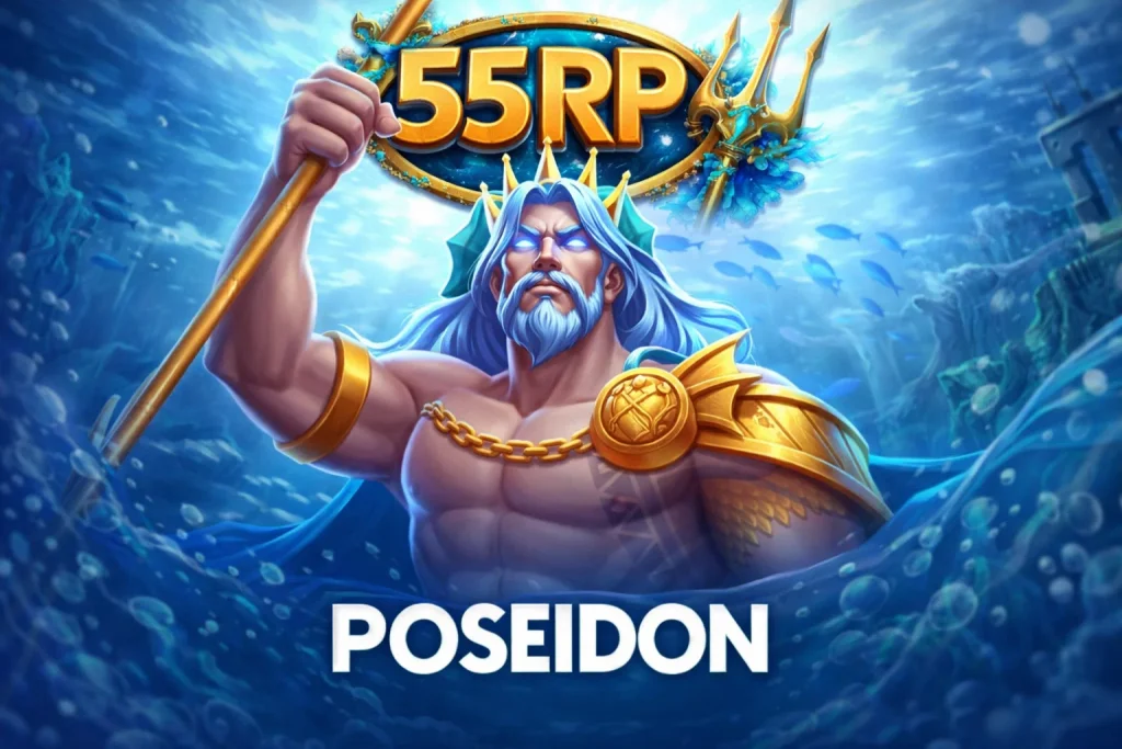 Tampilan game Poseidon di 55RP Aplikasi dengan tema laut biru dan karakter dewa laut yang dominan