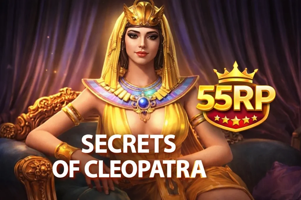 Tampilan Secrets of Cleopatra di platform 55RP dengan latar piramida dan simbol kerajaan Mesir klasik