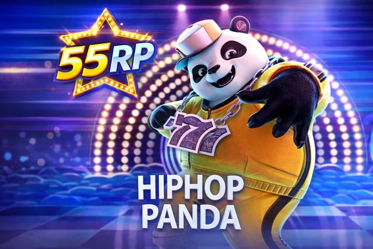 Karakter HipHop Panda sedang beraksi di atas panggung dengan lampu neon yang gemerlap di platform 55RP.