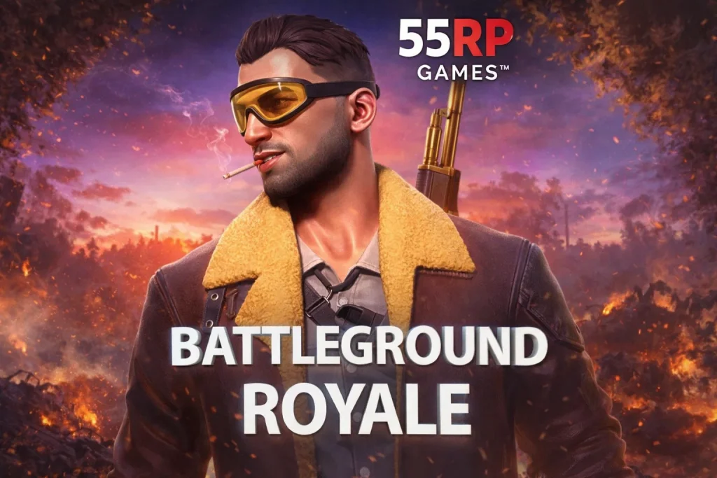 Tampilan visual BATTLEGROUND ROYALE di platform 55RP dengan desain arena modern dan efek grafis dinamis