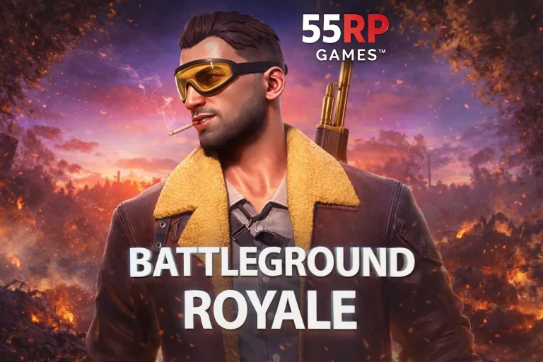 Tampilan visual BATTLEGROUND ROYALE di platform 55RP dengan desain arena modern dan efek grafis dinamis