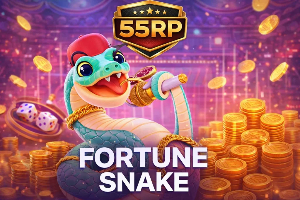 Tampilan visual Fortune Snake di platform 55RP dengan simbol ular emas dan nuansa oriental yang elegan