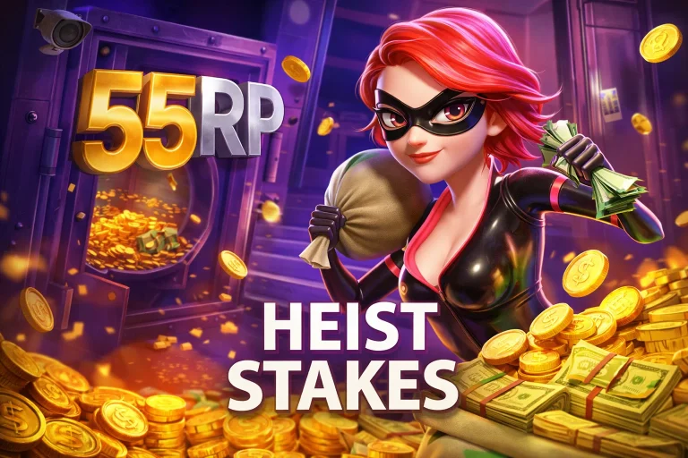 Tampilan utama HEIST STAKES di 55RP dengan nuansa misi rahasia dan desain visual elegan