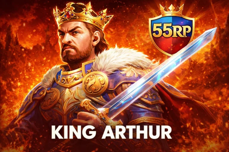 Tampilan utama KING ARTHUR di 55RP dengan latar kastil abad pertengahan dan simbol pedang emas
