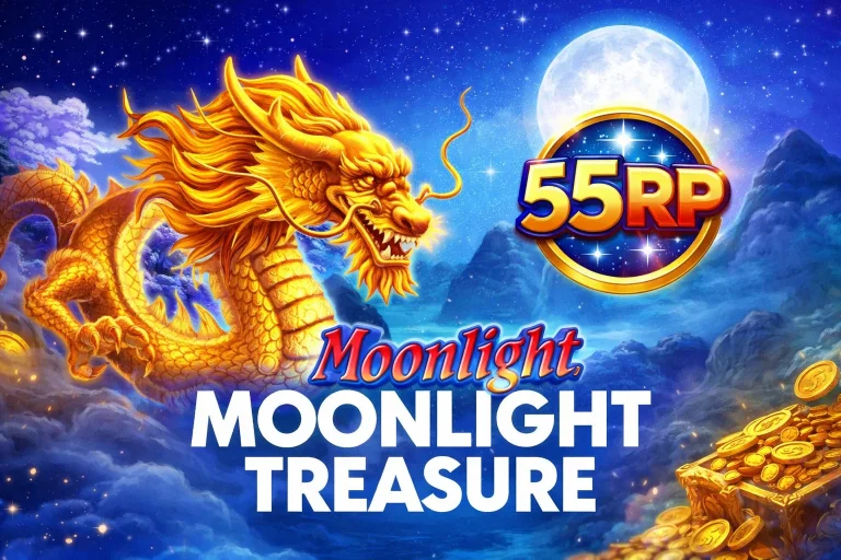 Tampilan permainan MOONLIGHT TREASURE di 55RP dengan latar malam, cahaya bulan lembut, dan simbol peti harta klasik